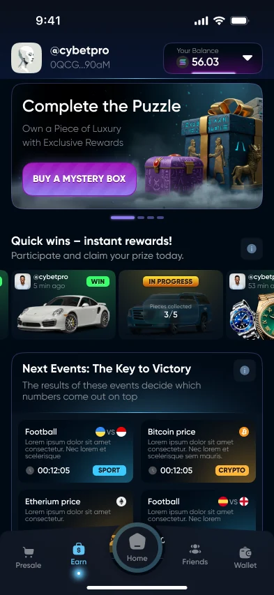 Luxeya app home screen: mystery boxes, instant-win prizes and event-based draws