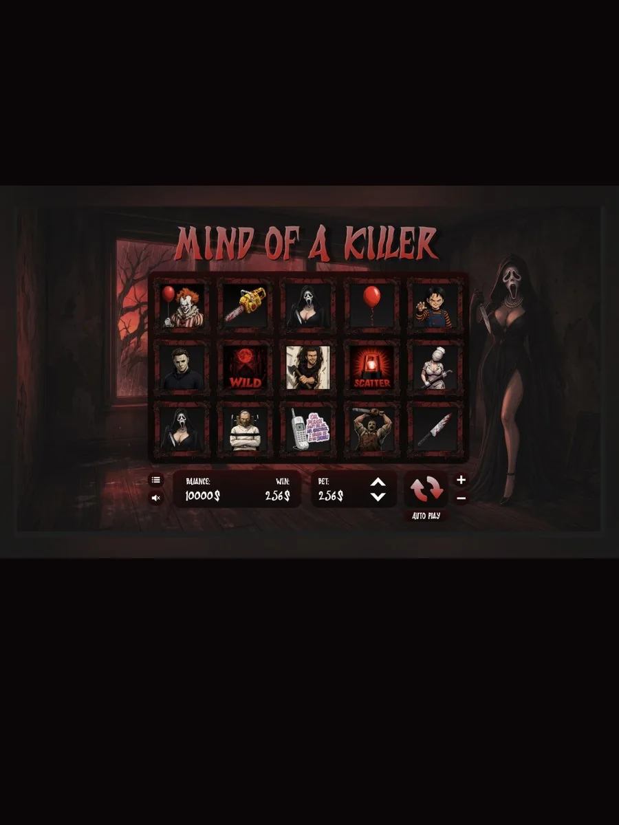 Mind of a Killer slot game: reels of horror icons in a haunted room