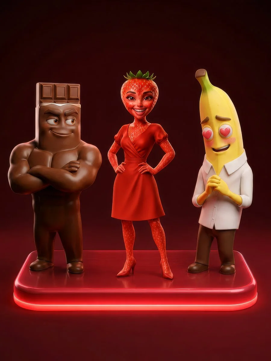 Passion Fruits characters: a chocolate bar, a strawberry and a lovestruck banana